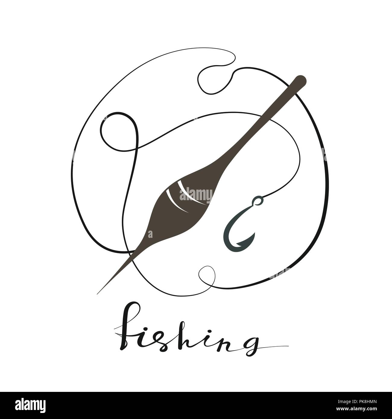 Fishing hook with float. Handwritten text vector illustration. Black