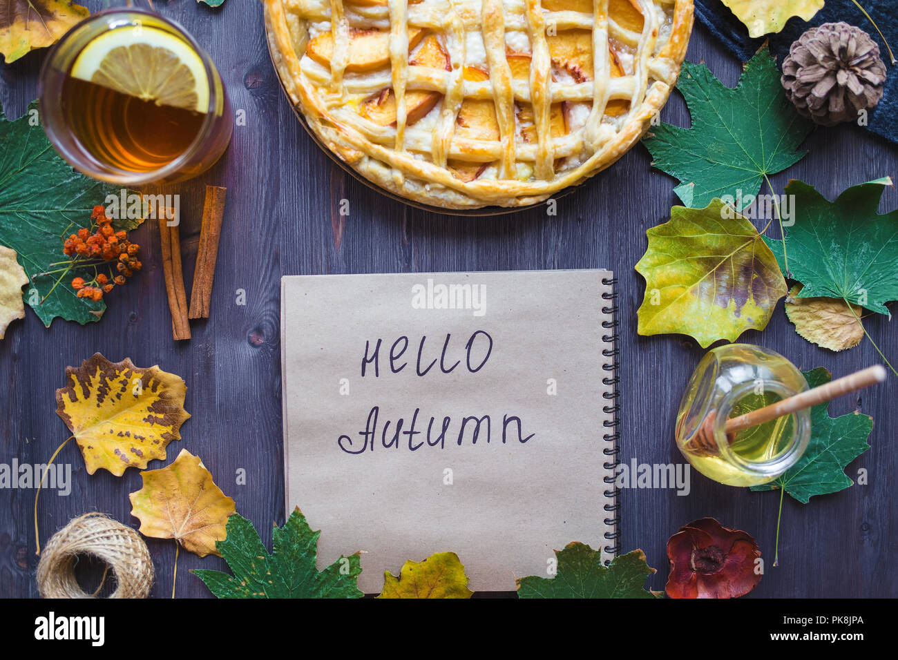 Hello Fall Pies Autumn concept. Pie with Peaches Autumn Foliage Tea Honey Diary Hello ...