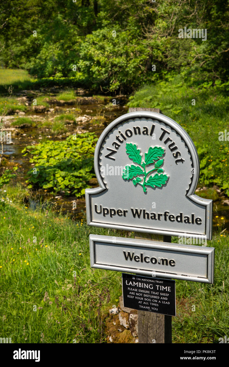 UK, Yorkshire, Wharfedale, Hubberholme, National Trust Upper Wharfedale sign beside Gray Gill Stock Photo