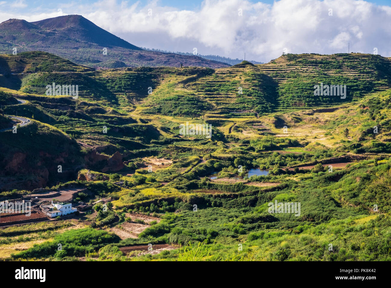 Views over the ponds at  Erjos from a walking route on the ridge above, Teno, Tenerife, Canary Islands, Spain Stock Photo