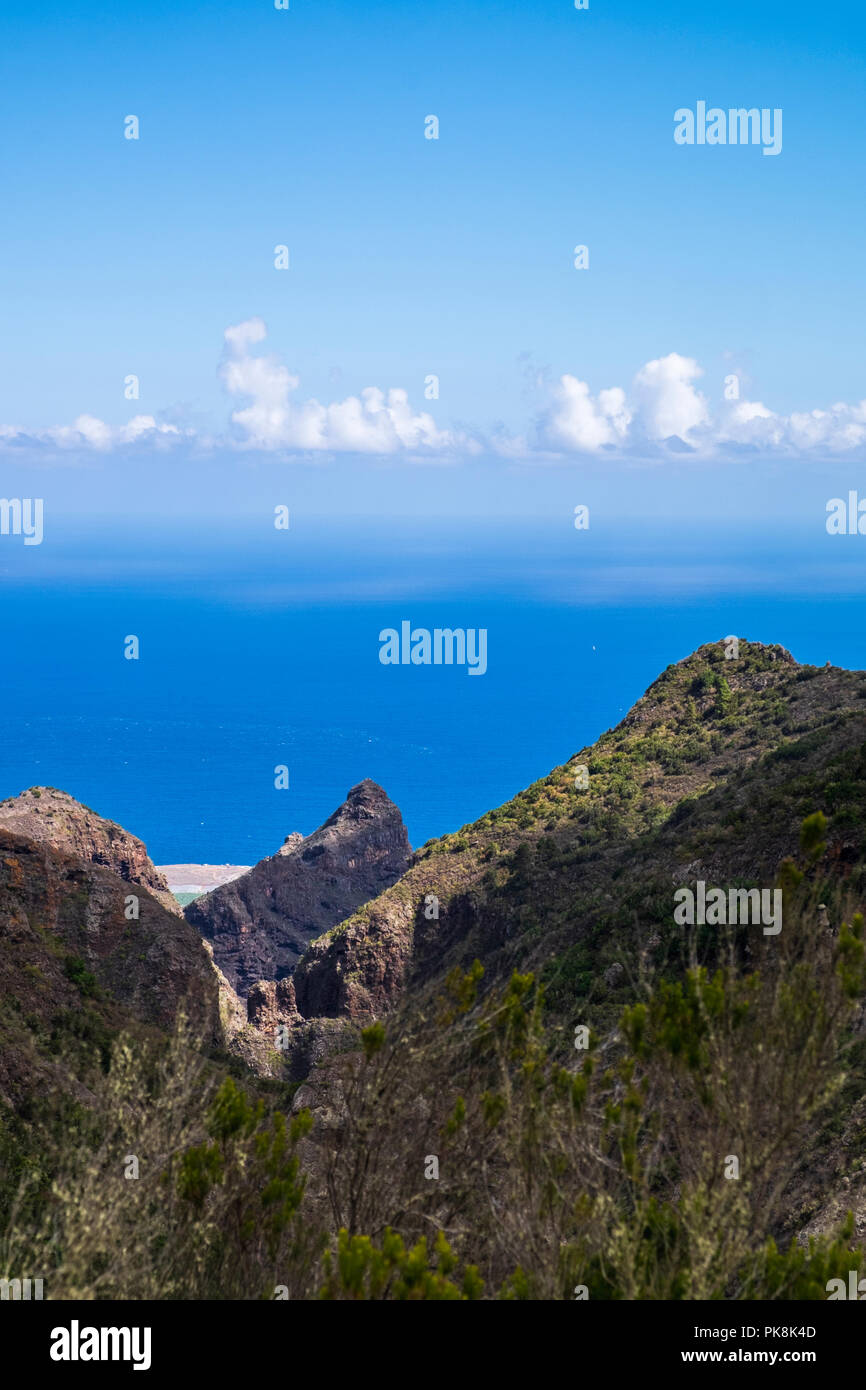 View down the Barranco de los Cochinos, to the atlantic ocean, Teno, Tenerife, Canary Islands, Spain Stock Photo