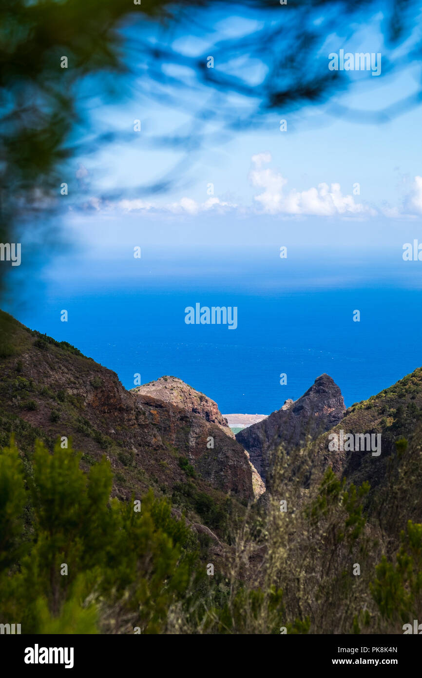 View down the Barranco de los Cochinos, to the atlantic ocean, Teno, Tenerife, Canary Islands, Spain Stock Photo