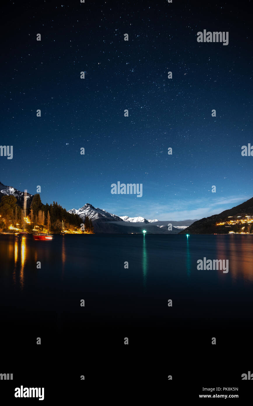 Night Starry Sky View at Queenstown Town Center, New Zealand Stock Photo