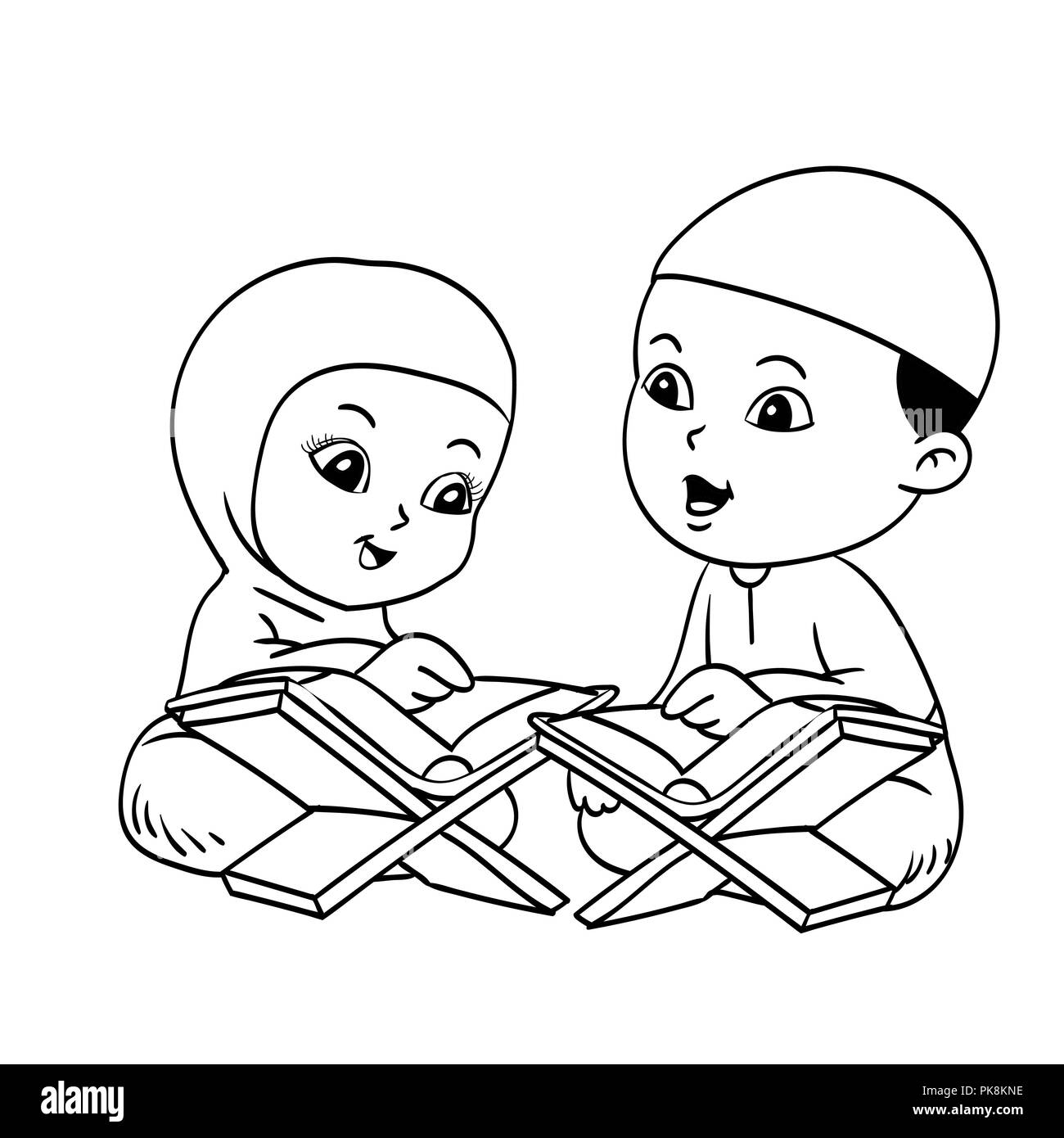 Muslim Kids Learnig Quran Hand drawn for coloring book, isolated on white background - Vector Illustration. Stock Vector
