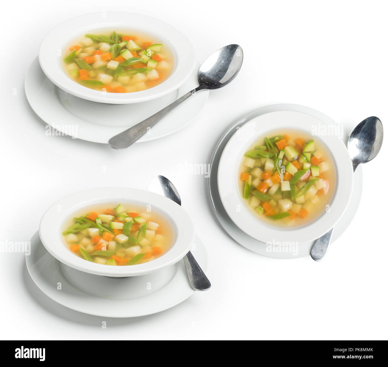 Set of Veggie Soup shot in different angles, Vegetarian soup isolated on white, Clipping path included Stock Photo