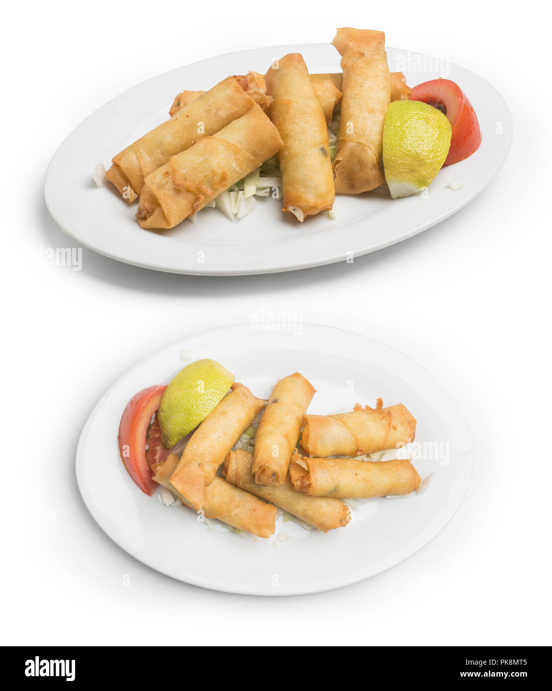 style cheese stuffed filo dough rolls, Lebanese rkakat cheese on white background, Clipping Path included Stock Photo