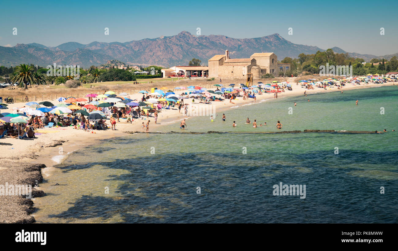 Sardinia, Italy - August 27, 2016: View of the beach of Nora, Sardinia ...