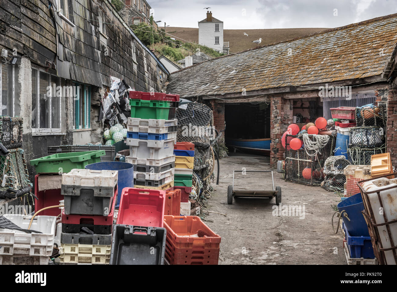 The Fishmonger's yard in the picturesque Cornish coastal village of Port Isaac, famous for the popular television series 'Doc Martin'. Stock Photo
