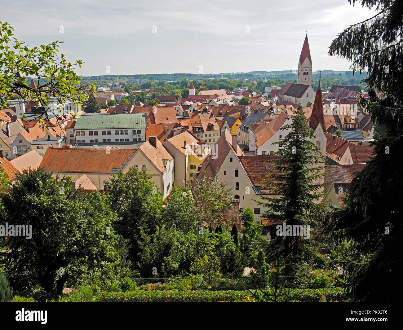 View south over the town of Kaufbeuren in the Allgau region of Bavara, Germany from the old town walls. Stock Photo