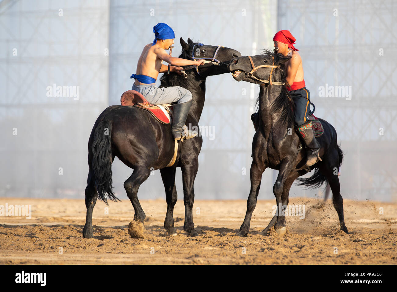 Cholpon-Ata city, Kyrgyzstan - Sep 5, 2018: Two men competing in er-enish (traditional Kyrgyz horsemen wrestling) match during 2018 World Nomad Games. Stock Photo