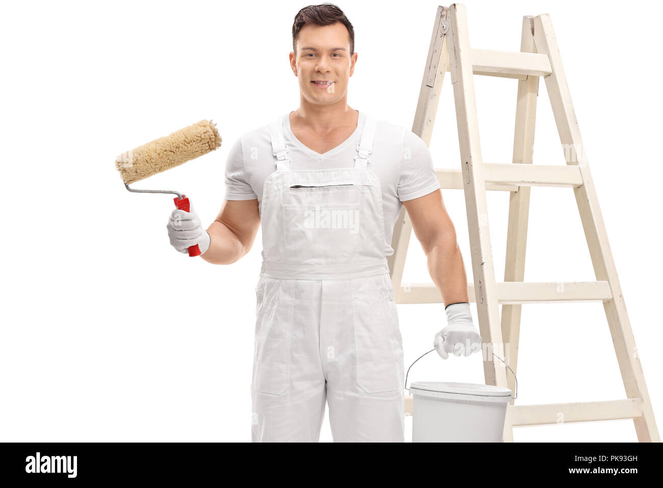 Painter with a paint roller, a color bucket and a ladder isolated on