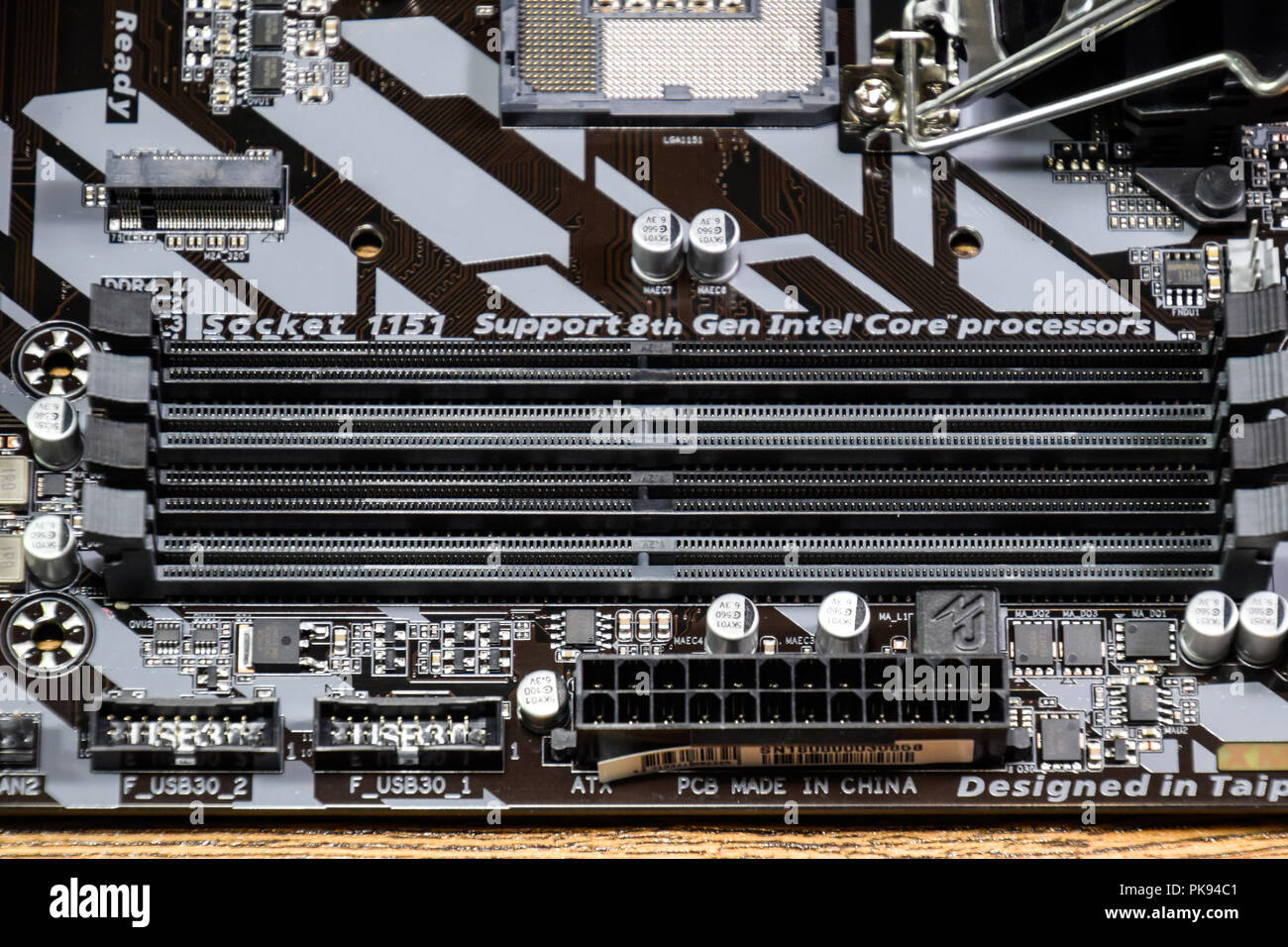 Motherboard Gigabit for the processor Intel. Memory Slots Stock Photo