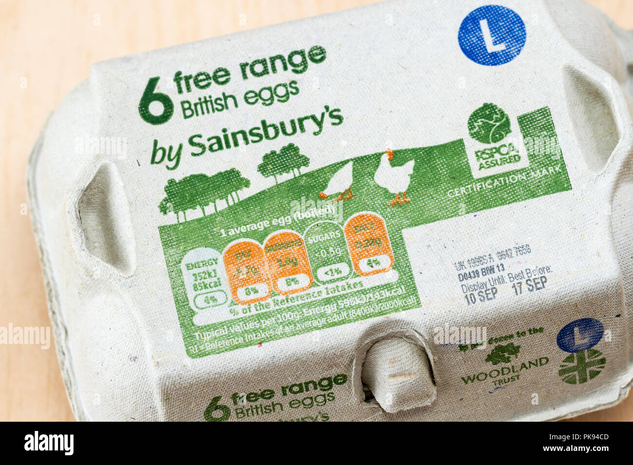 Box of free range British eggs by Sainsbury's, close up, United Kingdom Stock Photo