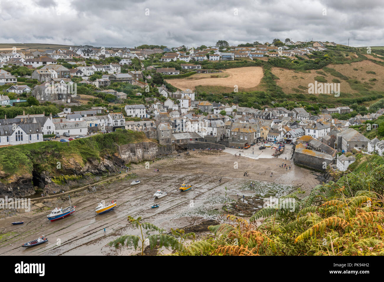 The spectacular view of the small harbour high above Port Isaac in North Cornwall, made famous by the popular television series 'Doc Martin'. Stock Photo