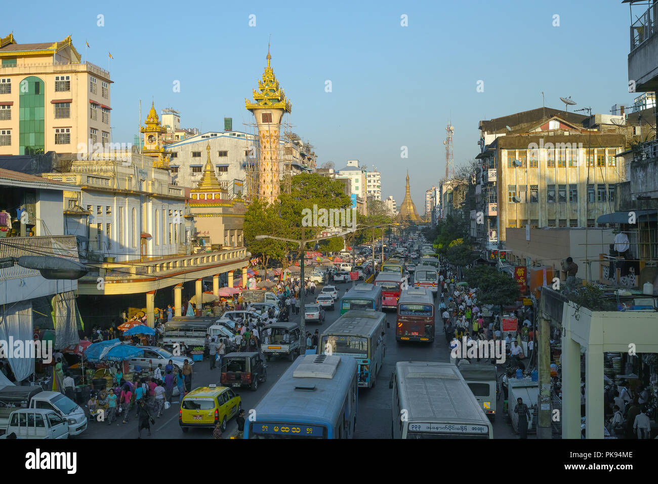 Mahabandoola street, Sule Pagoda and Clock Tower in Yangon, Myanmar Stock Photo