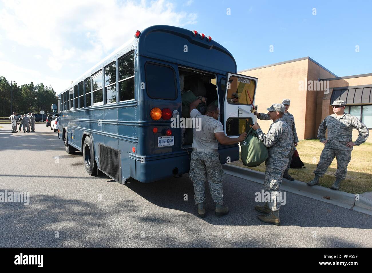 U.S. Airmen from the South Carolina Air National Guard and 169th Fighter Wing, prepare to deploy from McEntire Joint National Guard Base to Bluffton, South Carolina, to support partnered civilian agencies and safeguard the citizens of the state in advance of Hurricane Florence, September 10, 2018, September 10, 2018. Approximately 800 South Carolina National Guard Soldiers and Airmen have been mobilized to prepare, respond and participate in recovery efforts as forecasters project Hurricane Florence will increase in strength with potential to be a Category 4 storm and a projected path to make  Stock Photo