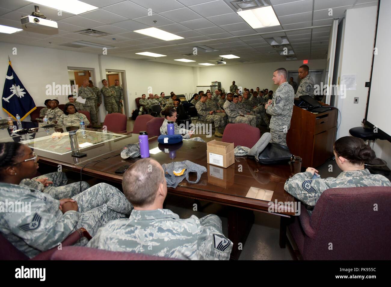 U.S. Airmen from the South Carolina Air National Guard and 169th Fighter Wing, prepare to deploy from McEntire Joint National Guard Base to Bluffton, South Carolina, to support partnered civilian agencies and safeguard the citizens of the state in advance of Hurricane Florence, September 10, 2018, September 10, 2018. Approximately 800 South Carolina National Guard Soldiers and Airmen have been mobilized to prepare, respond and participate in recovery efforts as forecasters project Hurricane Florence will increase in strength with potential to be a Category 4 storm and a projected path to make  Stock Photo