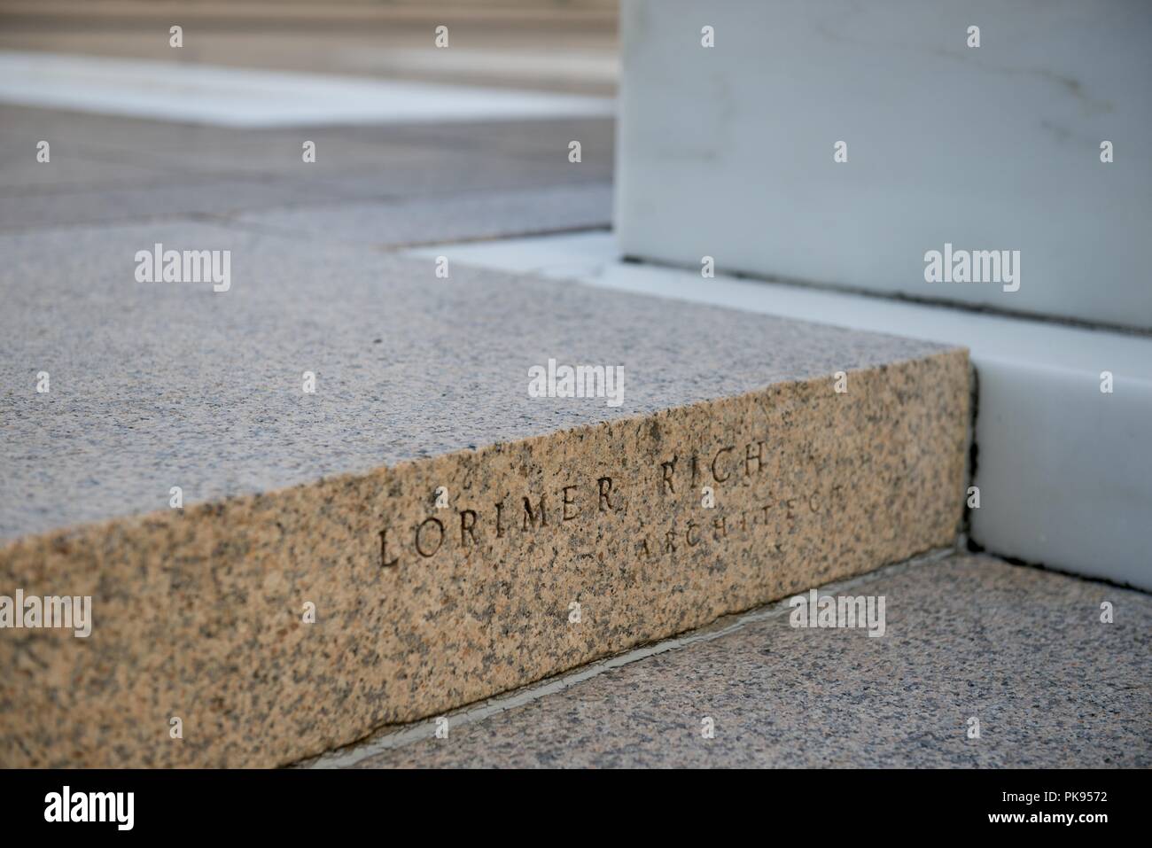 Close up of an engraving on the steps of the Tomb of the Unknown Soldier at Arlington National Cemetery, Arlington, Virginia, August 7, 2018, August 7, 2018. Architect Lorimer Rich and sculptor Thomas Hudson Jones designed the Tomb of the Unknown Soldier. (U.S. Army photo by Elizabeth Fraser / Arlington National Cemetery / released). () Stock Photo