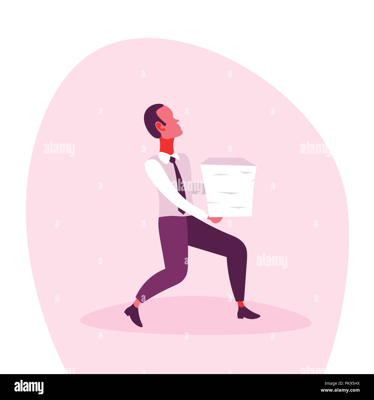 businessman carrying paper documents stack paperwork burden stress overwork reports finance business accounting concept male cartoon character flat Stock Vector