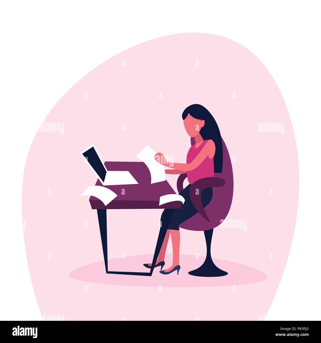 businesswoman using laptop computer sit office desk workplace paperwork reports finance business accounting working process female cartoon character flat Stock Vector
