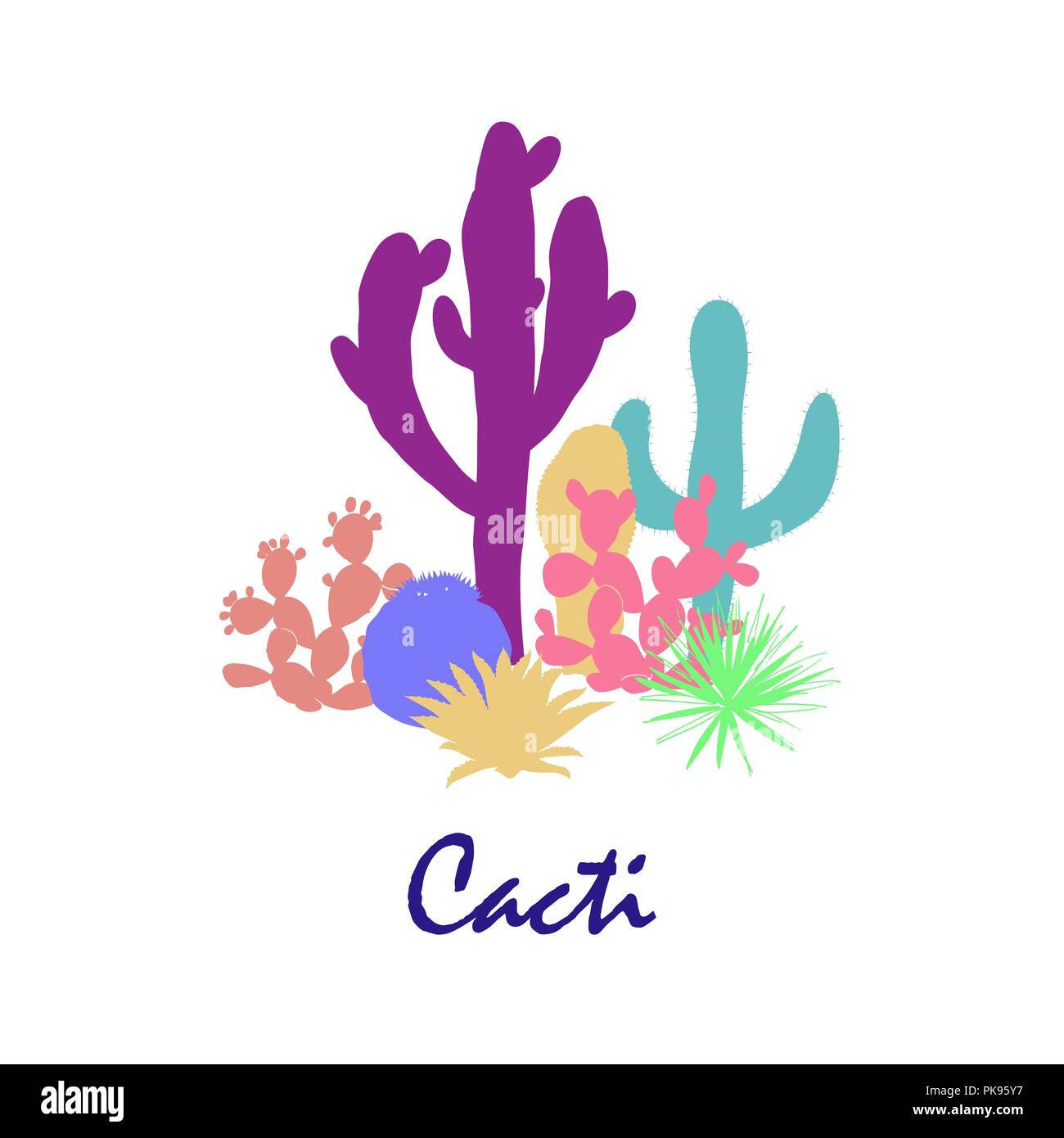 Cacti group. Prickly pear cactus, blue agaves, and saguaro. Stock Vector