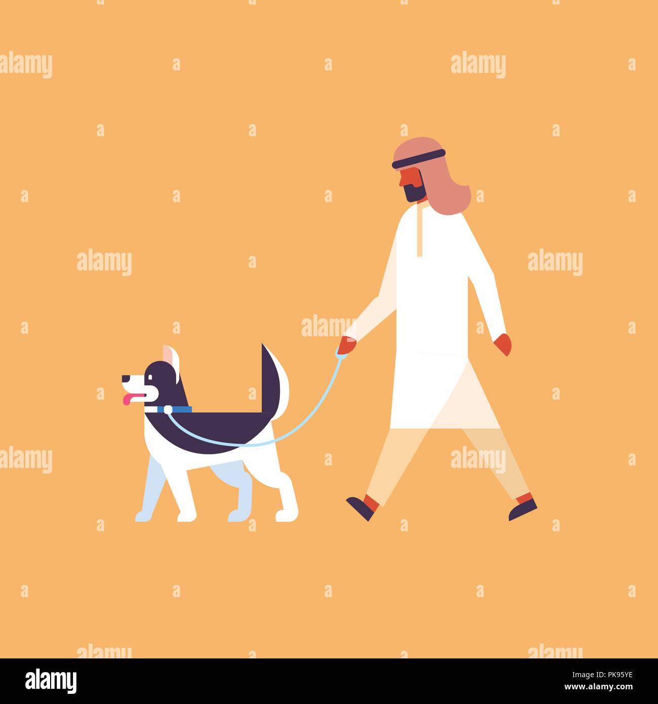 arab man walking dog best friend pet concept arabic cartoon character
