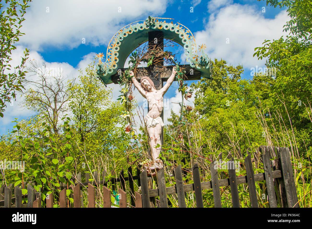 Decorated roadside Crucifix in Zagorje region, Croatia Stock Photo