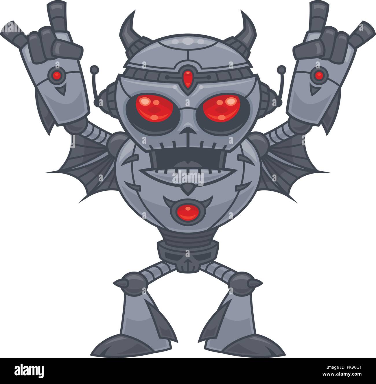 Metalhead - Heavy Metal Robot. Vector cartoon illustration of a red eyed heavy metal loving robot with devil horn hand gestures. Stock Vector