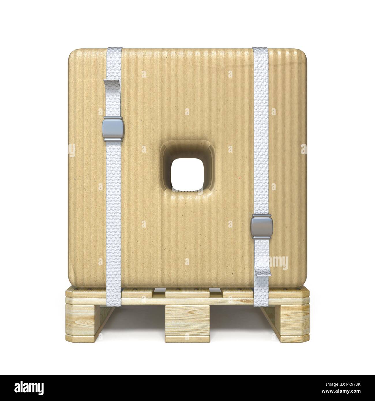 Cardboard box font Letter O on wooden pallet 3D render illustration