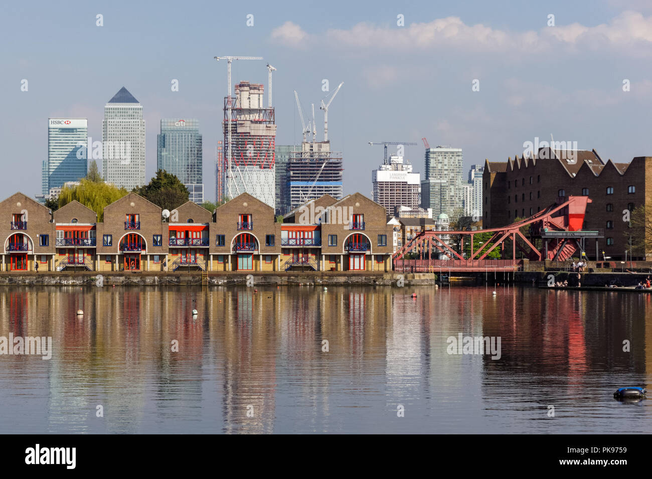 Canary Wharf skyscrapers seen from Shadwell Basin in London, England United Kingdom UK Stock Photo