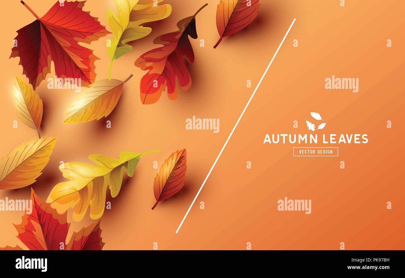 Autumn seasonal background frame with falling autumn leaves and room ...