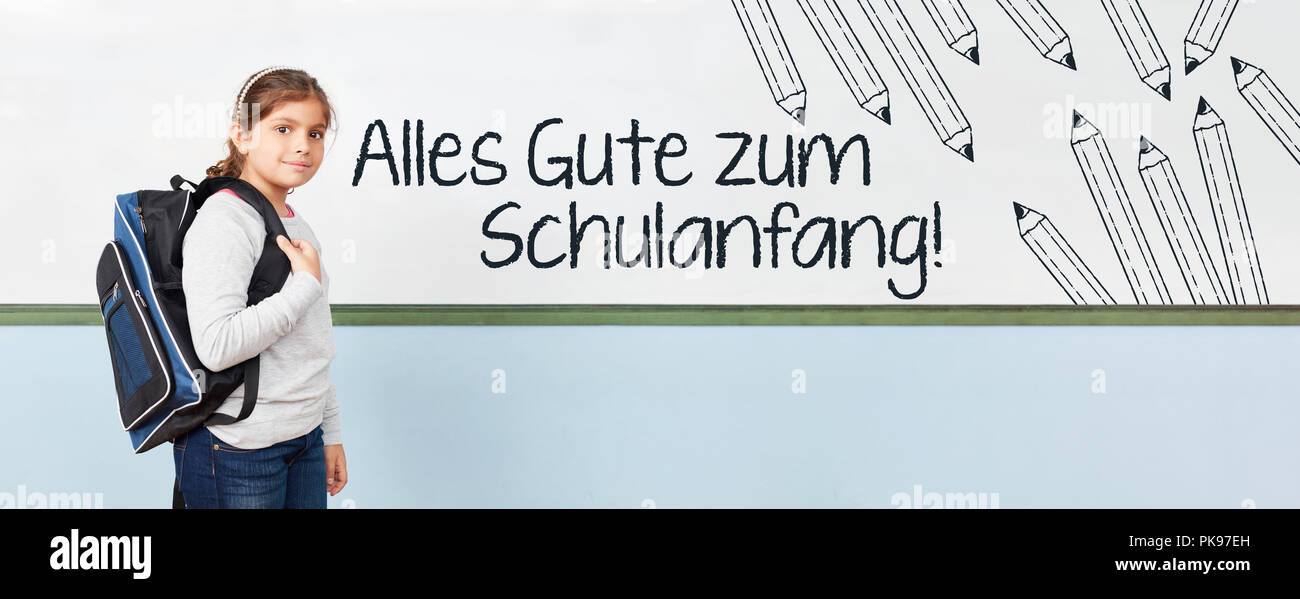 German text 'Alles Gute zum Schulanfang' (All the best for back to school) as header with student in elementary school Stock Photo