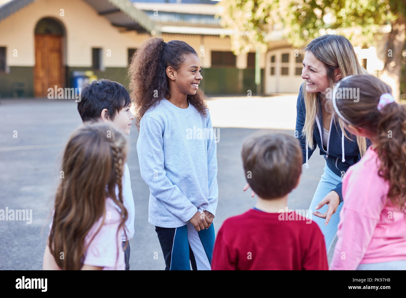 Children have fun at summer camp in physical education in the schoolyard Stock Photo