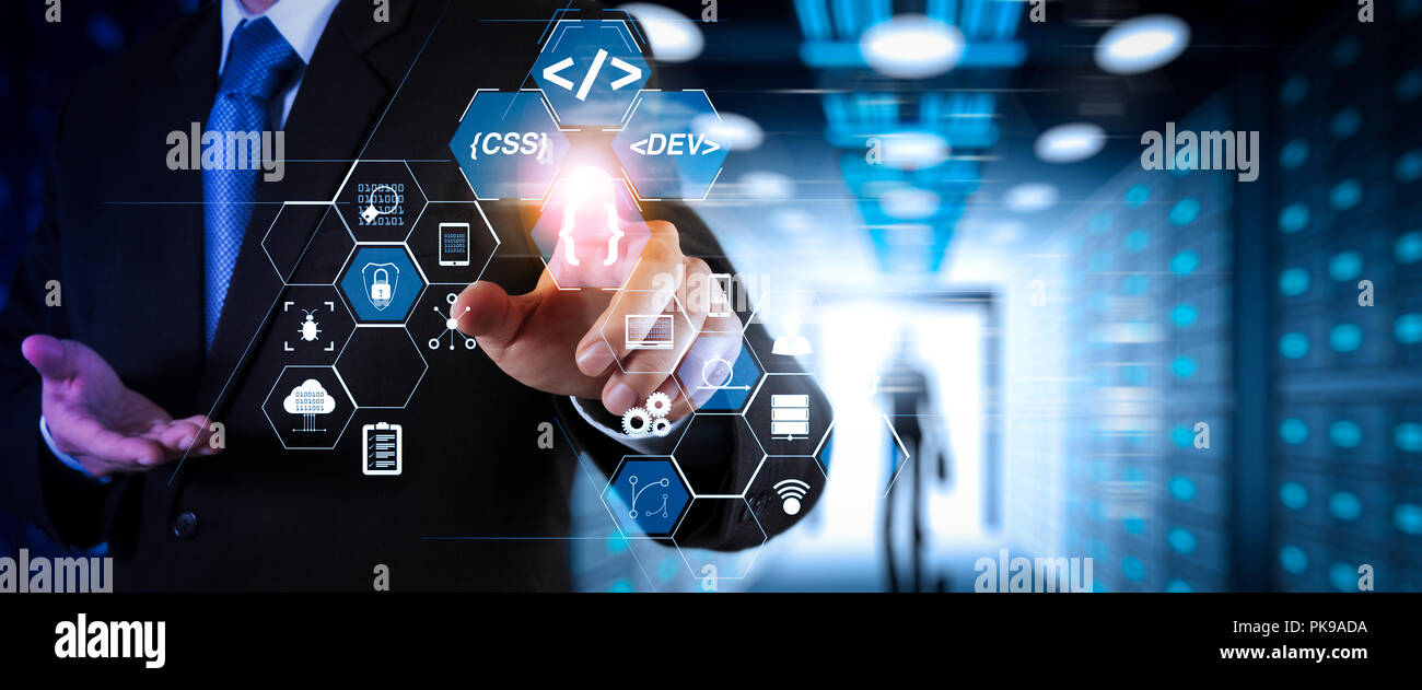 Coding software developer work with augmented reality dashboard ...