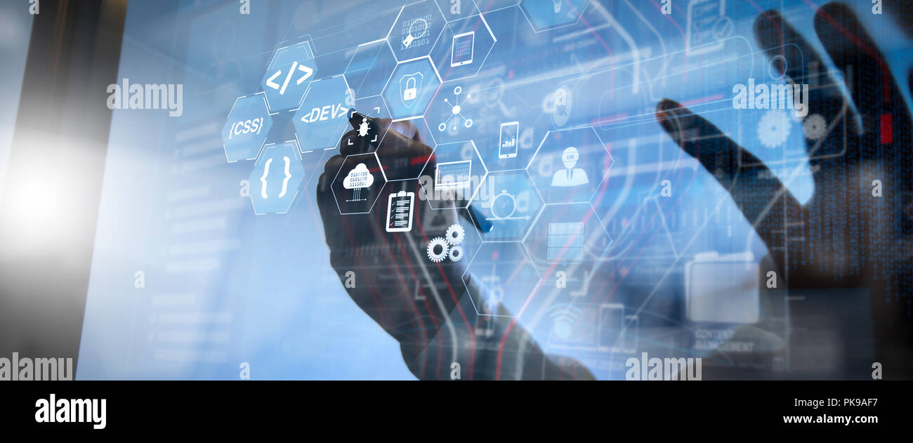 Coding software developer work with augmented reality dashboard ...