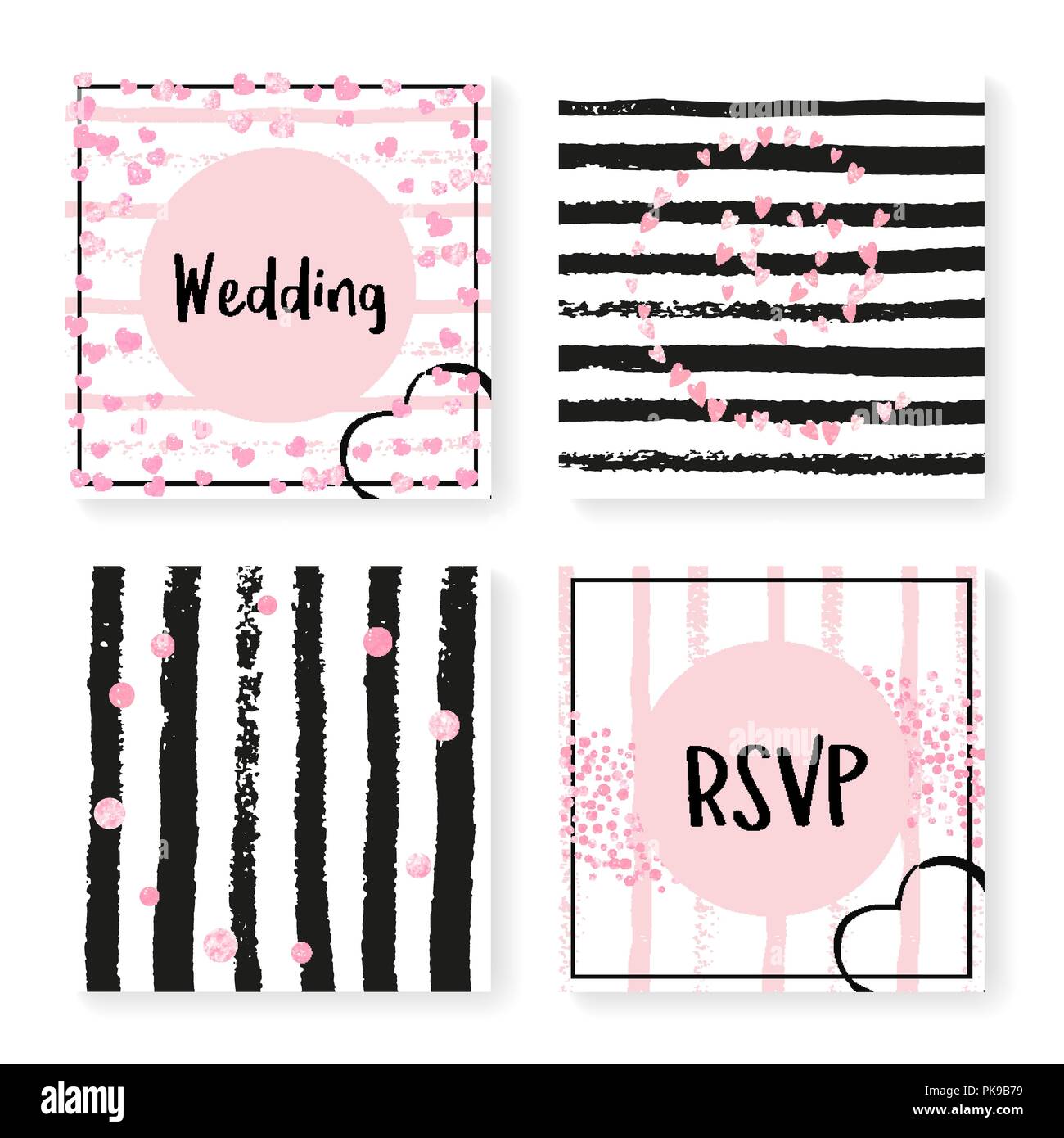Wedding glitter confetti on stripes, invitation set Stock Vector