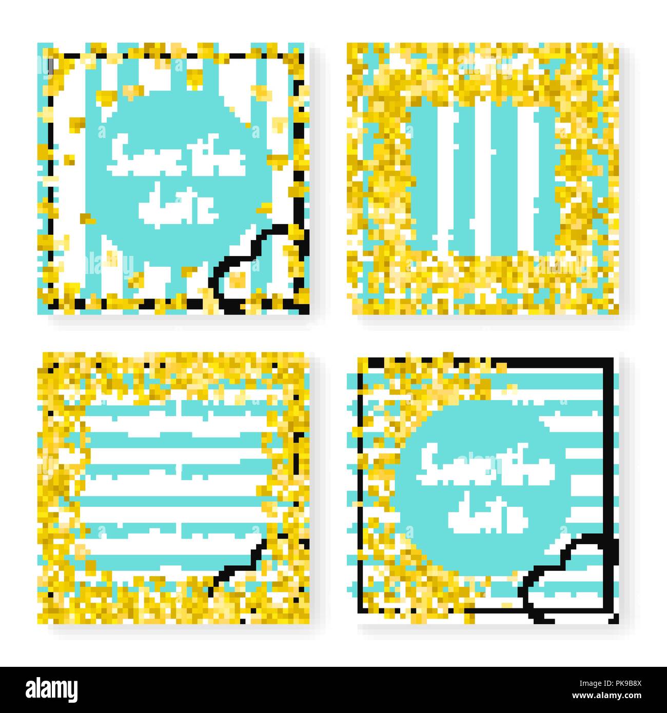 Wedding glitter confetti on stripes, invitation set Stock Vector