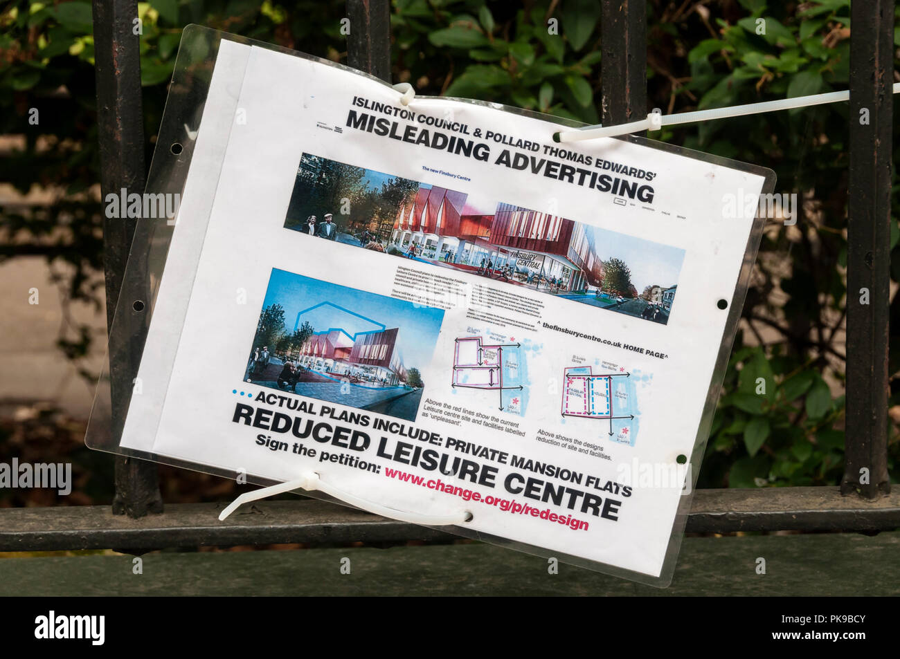 Poster accuses Islington Council & architects, Pollard Thomas Edwards, of misleading advertising over redevelopment of Finsbury Leisure Centre. Stock Photo