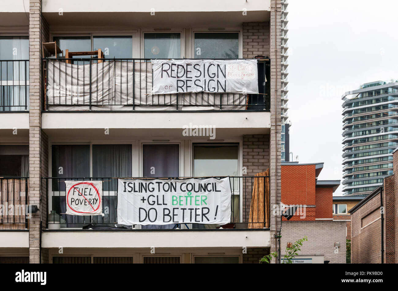 Residents of Burnhill House are protesting against the redevelopment of the adjacent area around St Luke’s Gardens & Finsbury Leisure Centre. Stock Photo