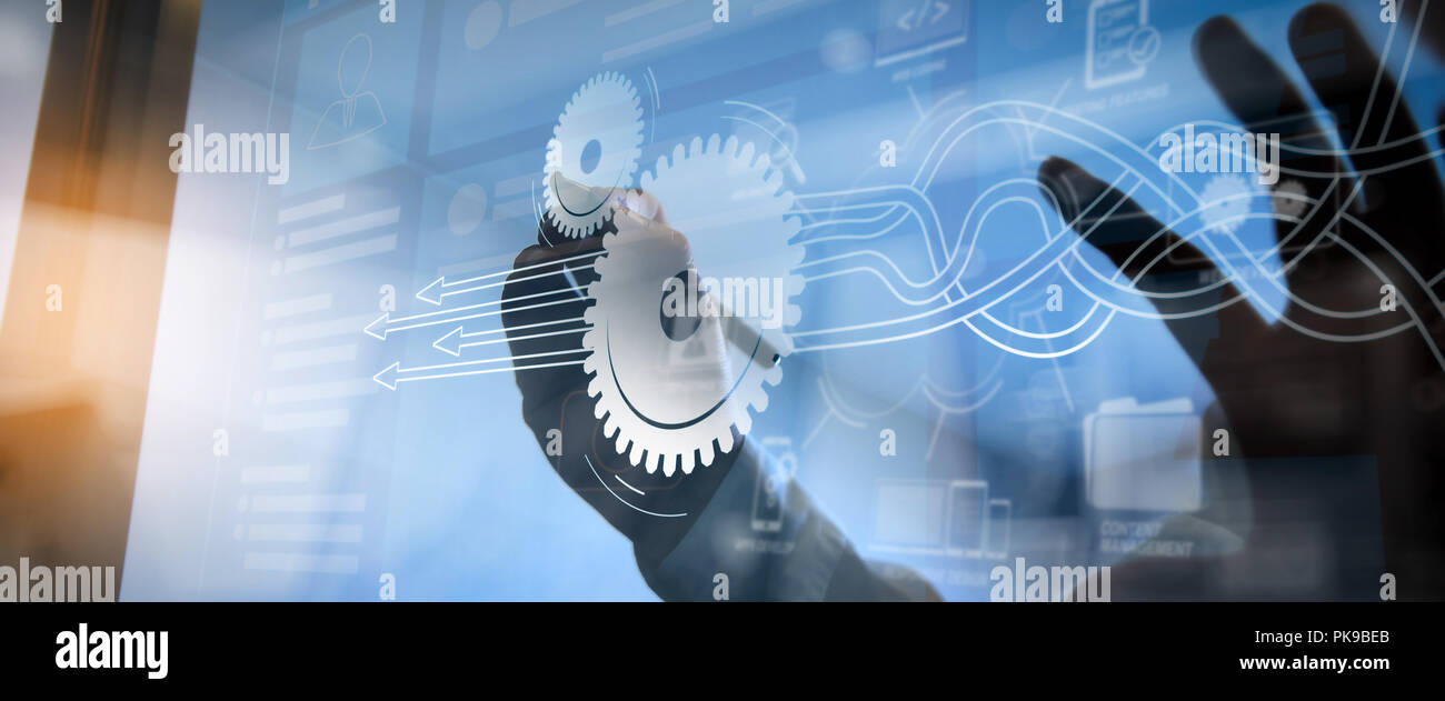 Thinking about structuring virtual diagram of business process with solutions. businessman hand working with finances about cost. Stock Photo
