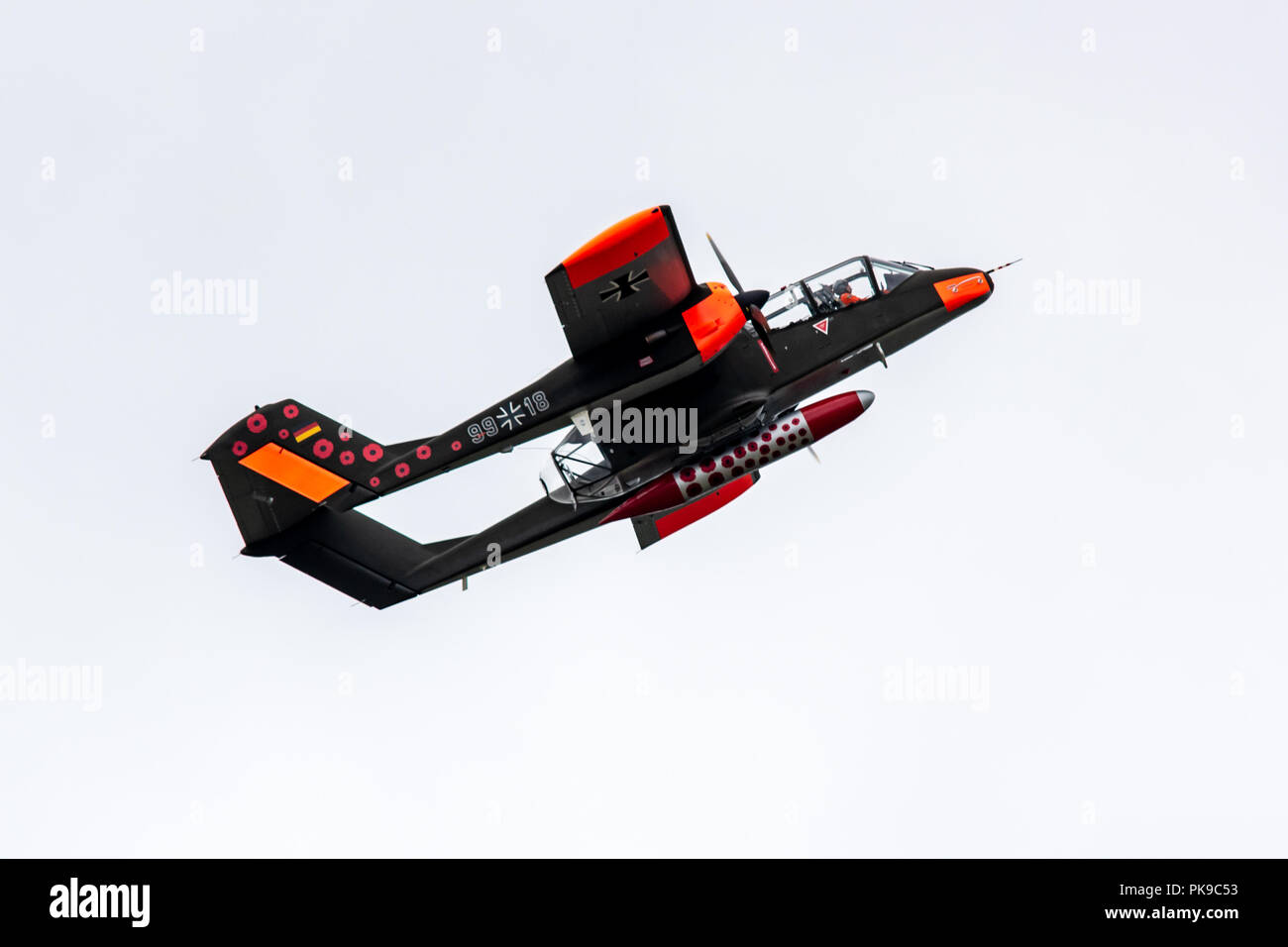 A German Luftwaffe North American Rockwell OV-10 Bronco, twin turboprop, with its commemorative poppy decoration. Stock Photo