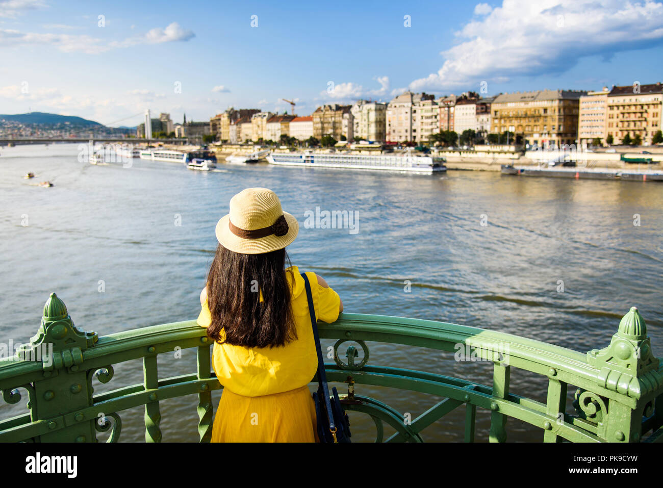 Female traveler enjoying Budapest view from the bridge Stock Photo