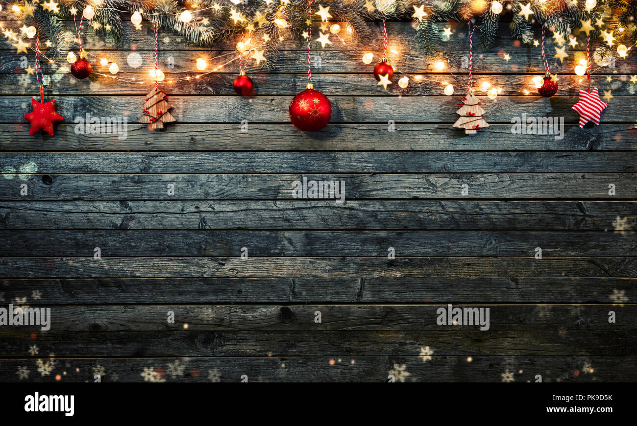 Decorative Christmas rustic background with wooden planks. Free space for text. Stock Photo