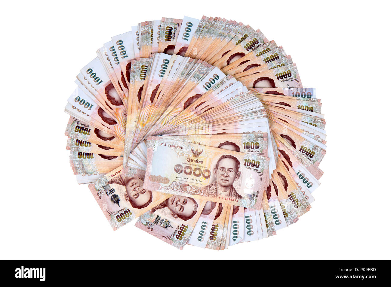 Currency the 1000 Baht of Thailand banknotes lay spread double. Stock Photo