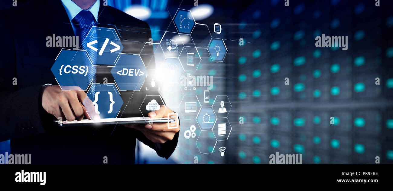 Coding software developer work with augmented reality dashboard computer icons of scrum agile development and code fork and versioning with responsive Stock Photo