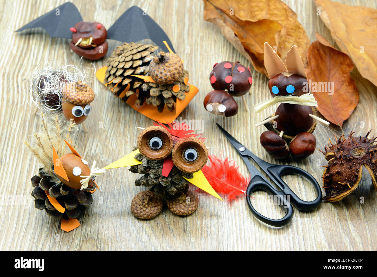 tinker creative chestnut figures in autumn like owl snail squirrel rabbit. Stock Photo