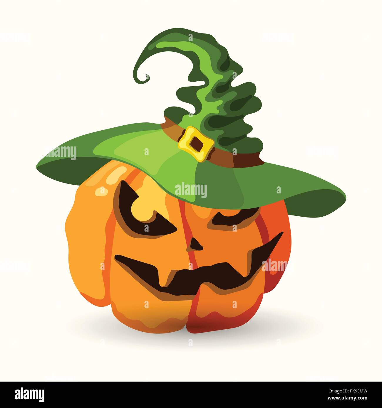 Cartoon style vector Halloween pumpkin wearing green witch hat. Spooky ...
