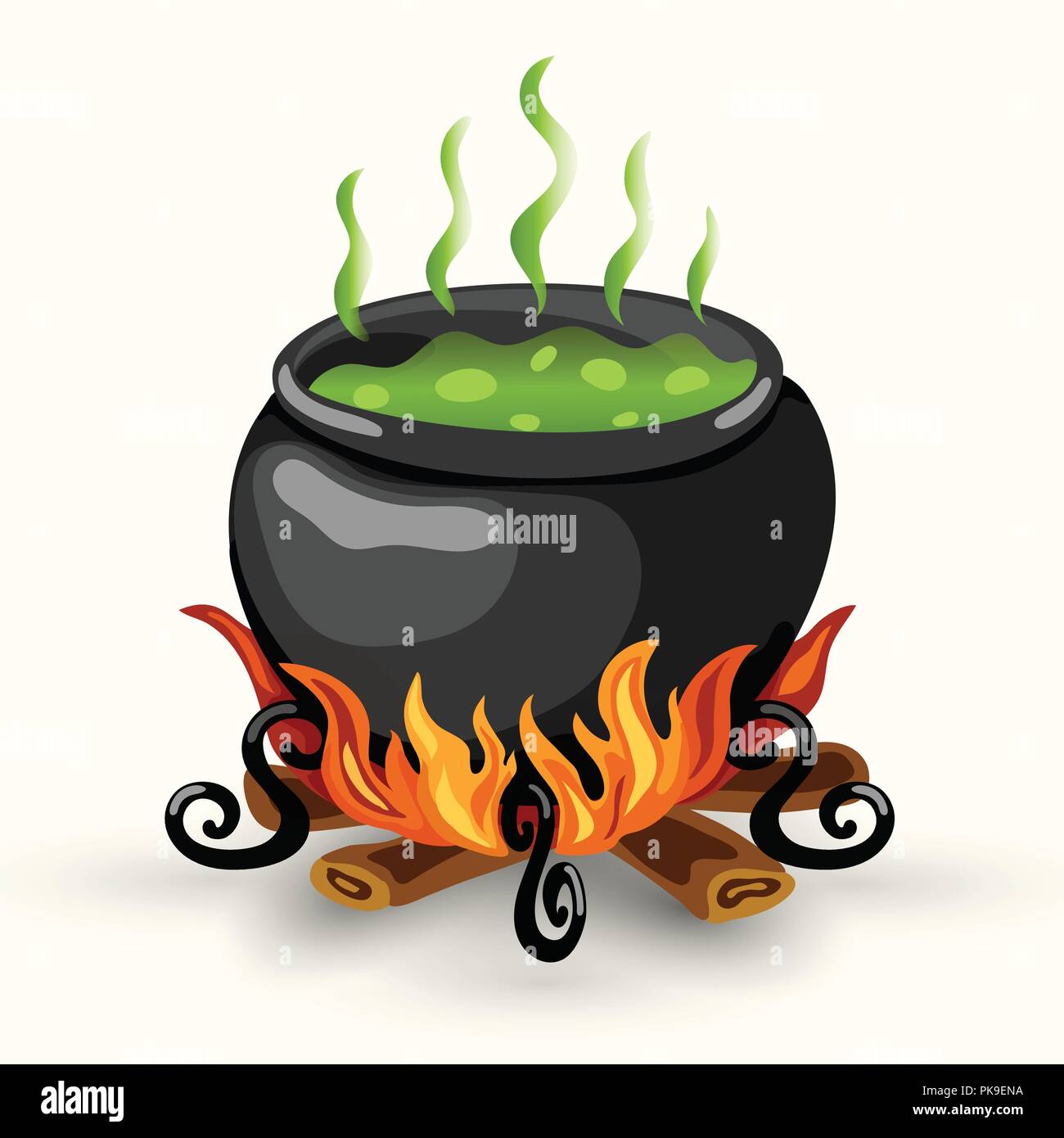 Cartoon vector witch cauldron with boiling potion of poison and bonfire ...