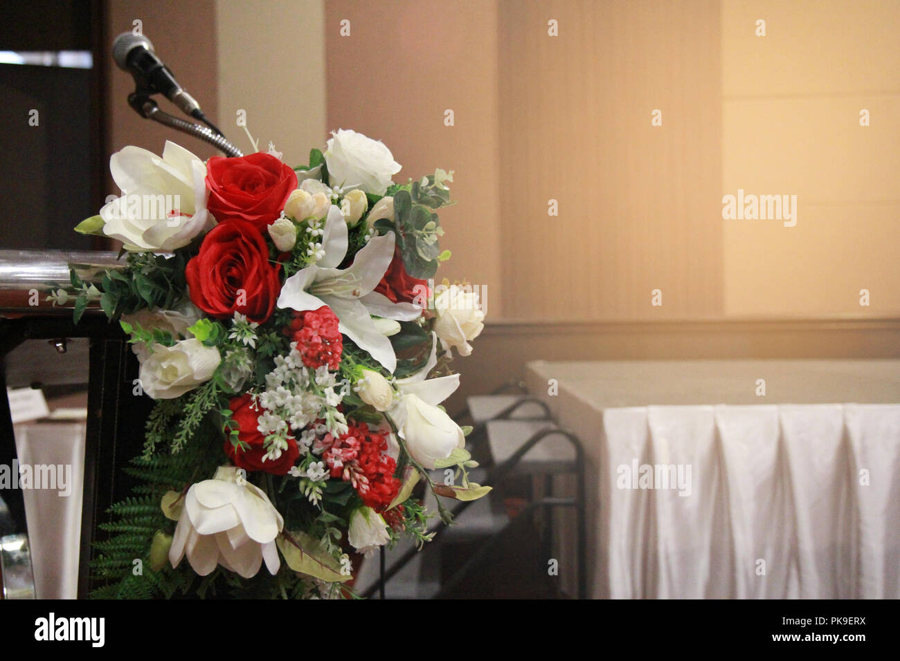 Prepare a beautiful flower put in vase. For decoration and layout of the meeting room to be refreshing and comfortable before the start of  seminar me Stock Photo