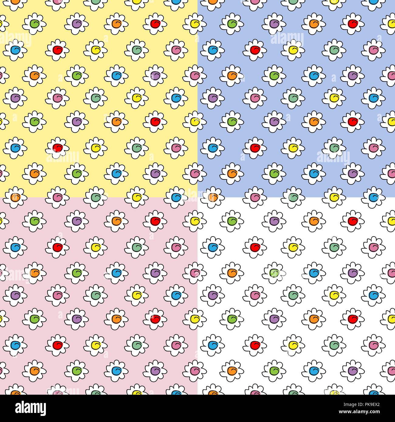 colored stylish seamless vector pink, yellow, blue background with camomile flowers, small cute flowers Stock Vector